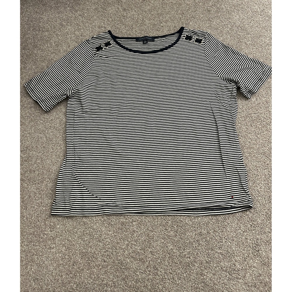 Tommy Hilfiger Striped T-Shirt Womens XL Navy White Excellent Lace-Up Shoulder